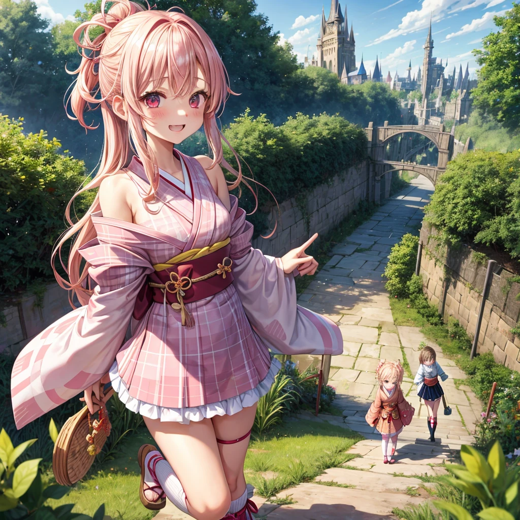 Pink Blonde、Red eyes、Wavy Hair、Hair tied up、Two cute、Checked mini skirt、kimono、Light clothing、Shoulders stick out、Knee-high socks、Teeth are visible、Monster Castle、Tilting face、grass、In front of the city gates、Underground tunnels、Iron suspension bridge、The stone is cracked、Giant wood、There is a step on the ground、it's raining、Holding a sword、Cobblestones、The light is pouring down、Stone Wall