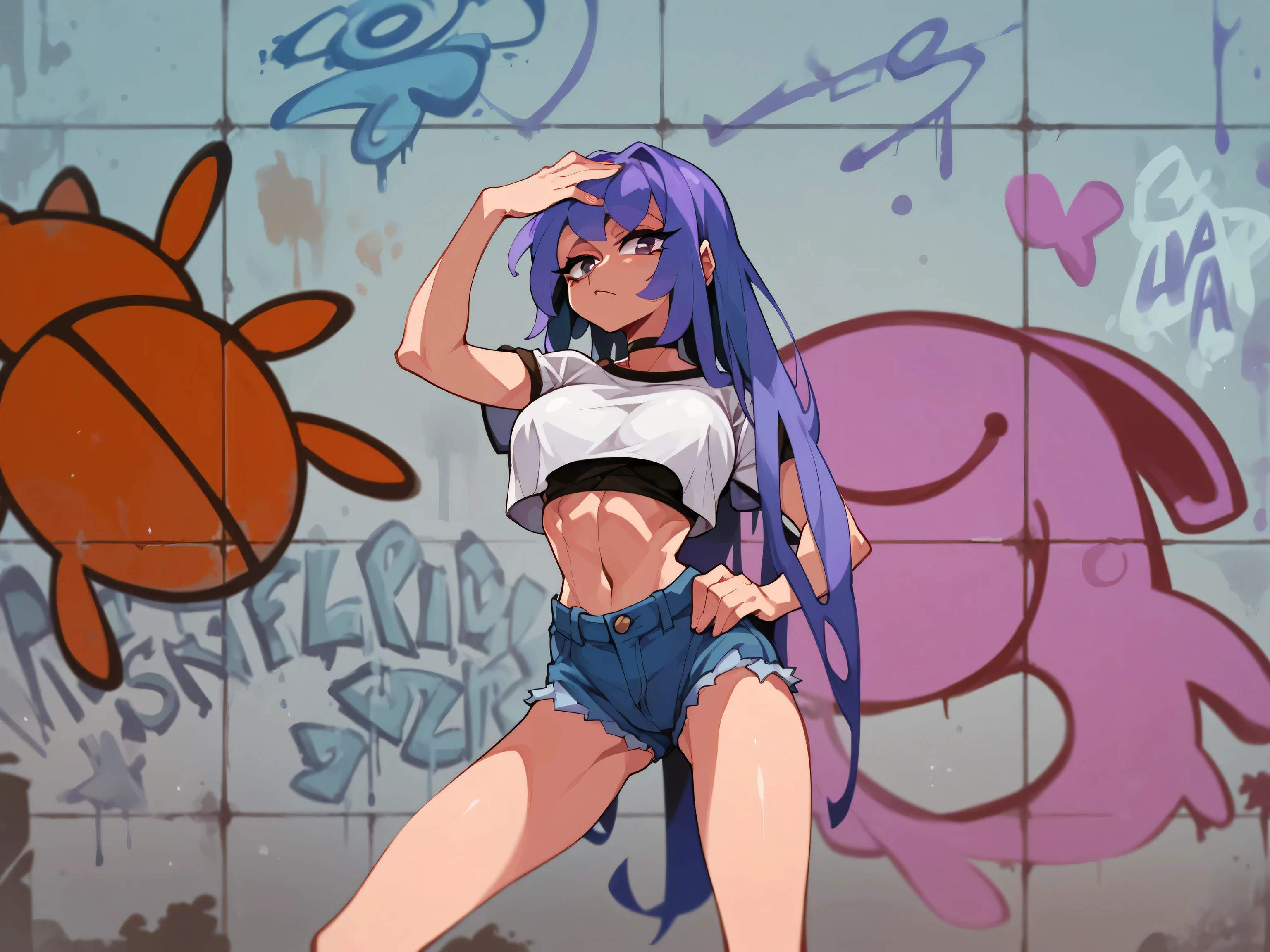 Masterpiece , Excellent quality , high resolution , 1 woman , Long Lilac Hair , horny , White crop top , Jean Shorts , abdomen , big breasts , Long legs , hands on hips ,  Graffiti wall