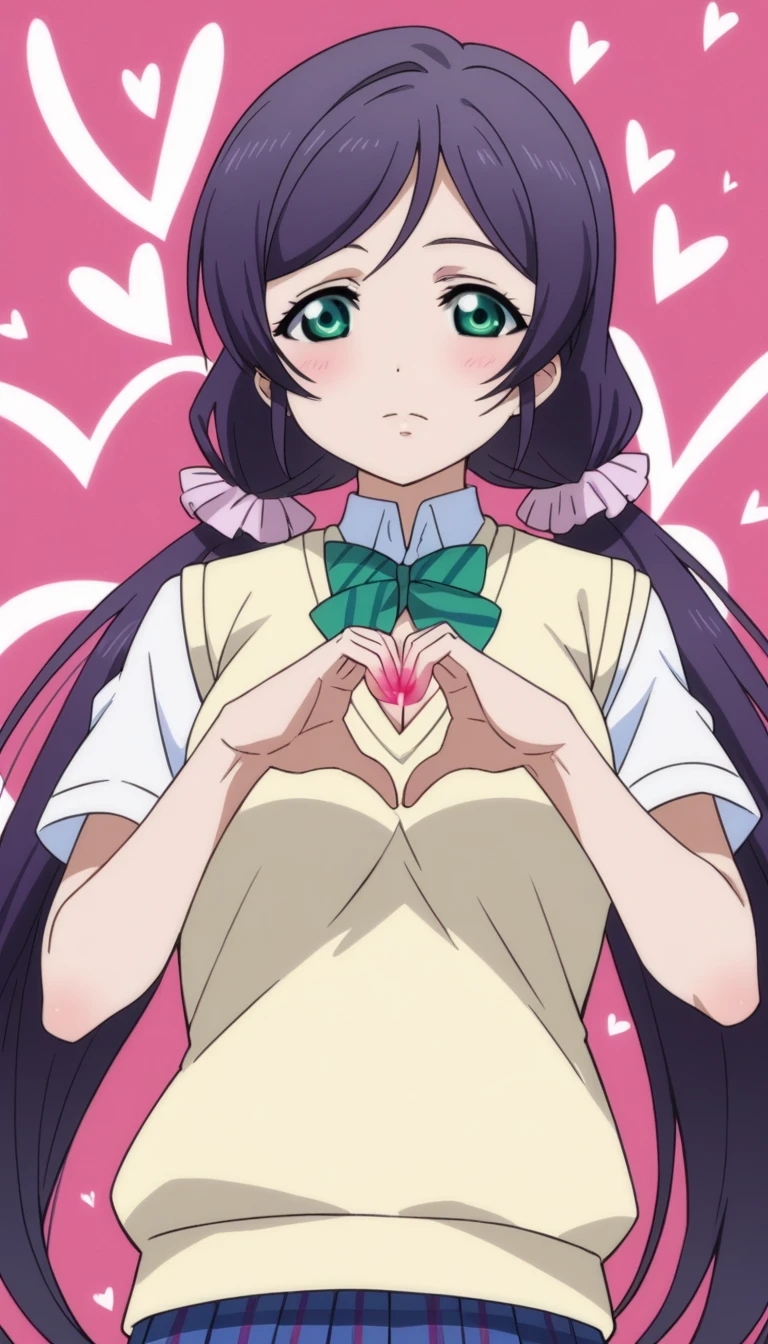 Score 9, Score 8 up, Score 7 up, The evaluation is questionable,
Detailed Background, Glowing Skin,nozomi toujou, green eyes, purple hair, twintails, low twintails, scrunchie, long hair,otonokizaka school uniform, pleated skirt, school uniform, short sleeves, skirt, summer uniform, sweater vest, yellow sweater vest,girl, Grab your chest, {Breast milk}, Cleavage, Heart with hands placed in front of chest, Browsing Caution