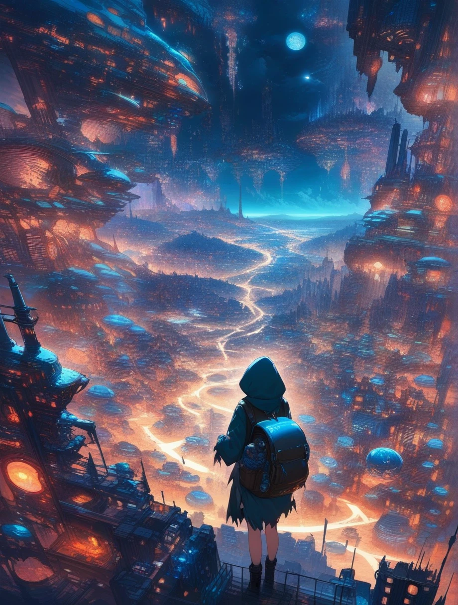 score_9, score_8_up, score_7_up, score_anime, masterpiece, top quality, delicate illustration, sharp lines, sharp focus, BREAK, a traveling girl wandering in the endless night world, the girl wears a hood and has a lot of stuff in her backpack, night , futuristic city, fantastic landscape, beautiful scenery, harmony with nature, spectacular view, machine city, (((torn clothes)))
