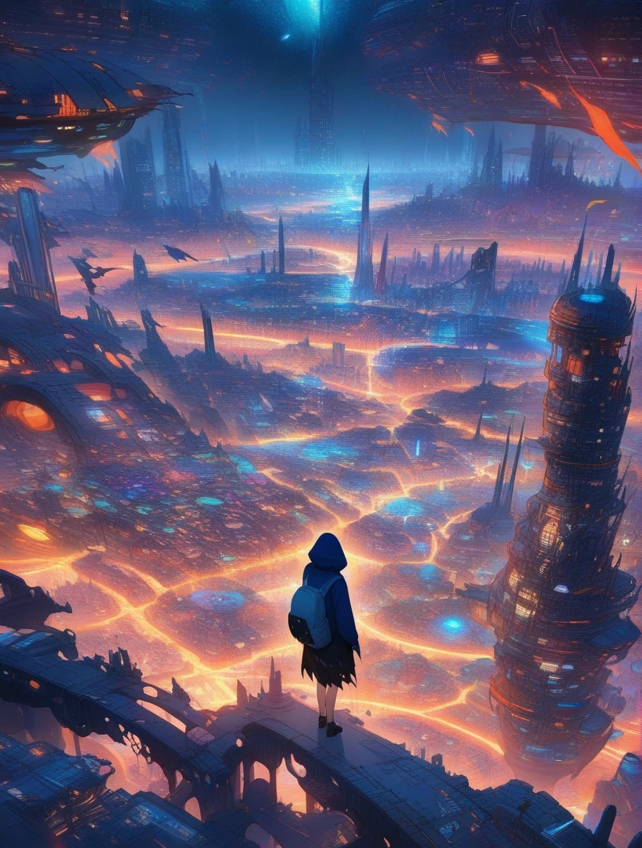 score_9, score_8_up, score_7_up, score_anime, masterpiece, top quality, delicate illustration, sharp lines, sharp focus, BREAK, a traveling girl wandering in the endless night world, the girl wears a hood and has a lot of stuff in her backpack, night , futuristic city, fantastic landscape, beautiful scenery, harmony with nature, spectacular view, machine city, (((torn clothes)))