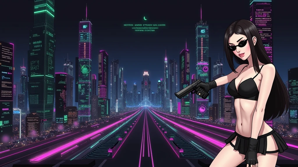 Matrix inspired futuristic cityscapes with colorful all-glass outlined towering skyscrapers with lightning, flying vehicle. High-resolution OLED GUI interfaces in the building, The windows are filled with transparent data visualization infographics that show it all, very close-up green glowing cascading code. Colors are saturated and vibrant. At night, (1 female assassin crouching on a skateboard, solo, alone), photorealistic, large-breast slim:0.6 body, oval:0.5 face, black mini bra, cleavage:1.1, deep-v, very low angle view of black pleated miniskirt, white panty, (upskirt), glove, (Matrix style black micro sunglasses), (aiming viewer with a short gun), dynamic skateboard jumping pose, (full-body thigh level close-up:2.0 shot), cinematic lighting, ray tracing, motion blur background.