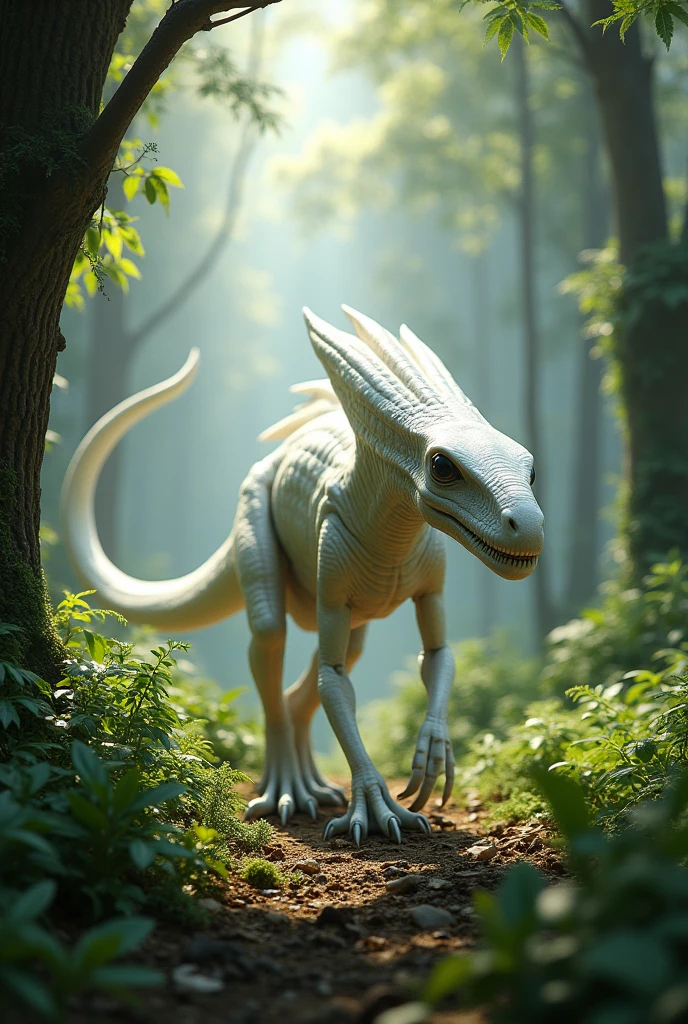Create a white velociraptor-like alien in a forest