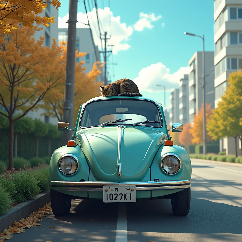 (Realistic photos:1.4), (masterpiece, Highest quality:1.2), RAW Photos, 32K High Resolution, Intricate details,Very detailed, Photorealistic, Highly realistic photos, A light blue car parked in a garden on the side of the road, (1970s Volkswagen Beetle), There is a small cat on the roof of the car, Realistic cat to car size ratio, (Small brown tabby cat;1.21), The cat is taking a nap, Sunny autumn afternoon, Tokyo Metropolitan Road, Building district, street tree, Blue sky, Flowing Clouds, Soft Light, Dynamic and cinematic lighting,