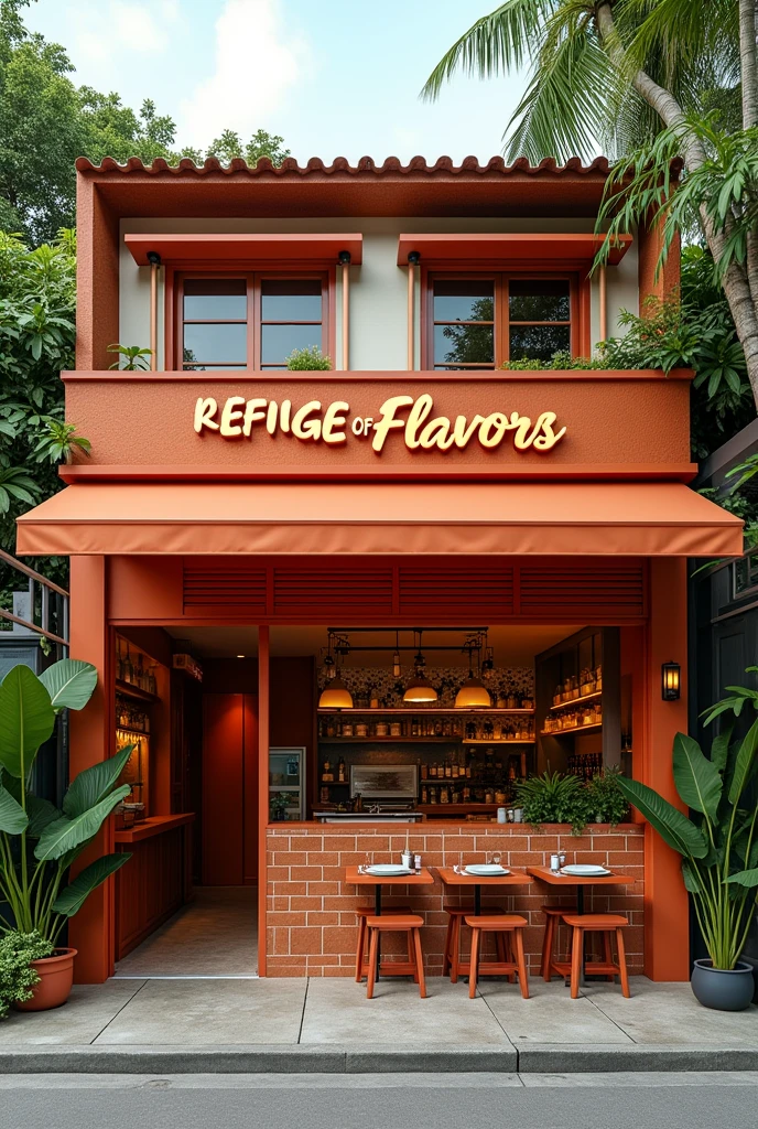 Facade of a restaurant with the name " Refuge of Flavors" with a more modern Brazilian vibe