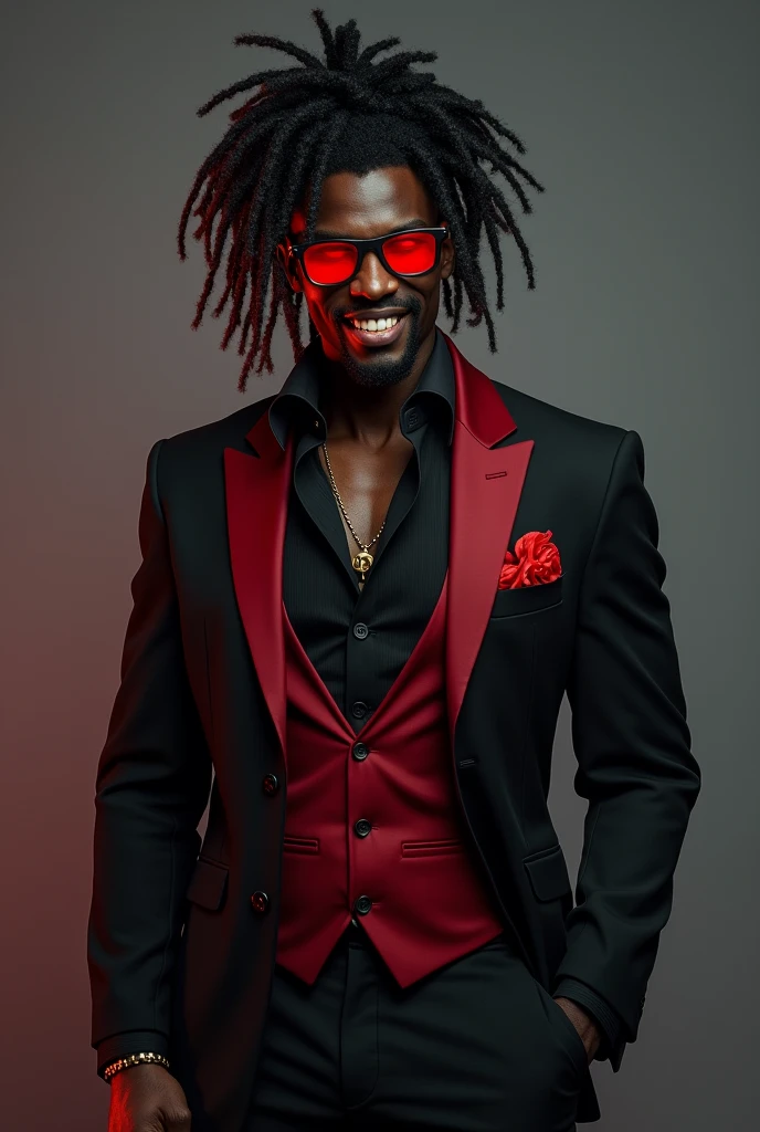 tall black man. 1 meter and 90 with curly hair with braids and ponytail and with a black suit with red details on the suit, seductive smile with vampire fangs showing and large appearing he is wearing black glasses with red lenses