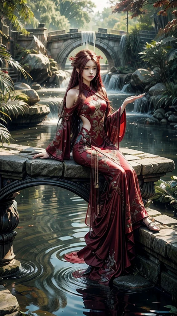garden,Small bridge and flowing water,red phoenix woman,Flowing long red hair,Eichhornia,Present beauty,Elegant,Large Breasts,Present beauty的身材,Wearing a red phoenix costume,Sitting on the board,Solo Phoenix Guzheng.High resolution, masterpiece, best quality, high detail, Ultra high quality, 