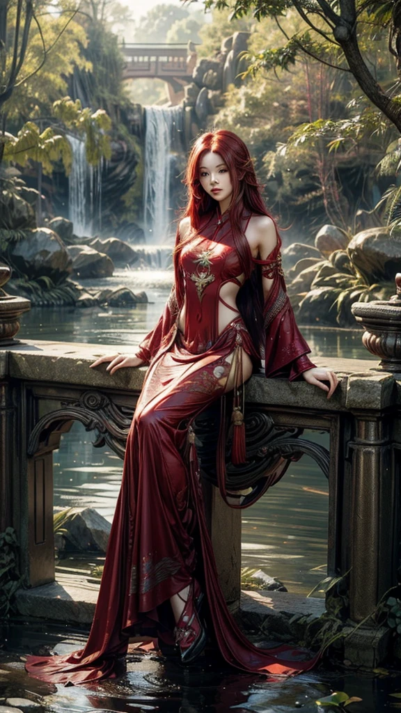 garden,Small bridge and flowing water,red phoenix woman,Flowing long red hair,Eichhornia,Present beauty,Elegant,Large Breasts,Present beauty的身材,Wearing a red phoenix costume,Sitting on the board,Solo Phoenix Guzheng.High resolution, masterpiece, best quality, high detail, Ultra high quality,