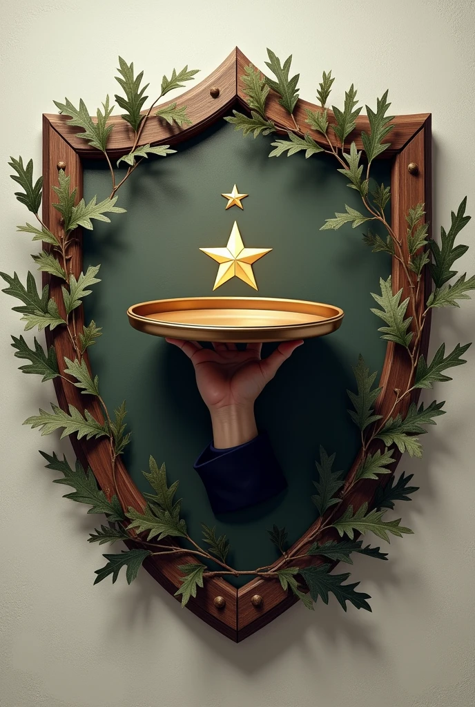 Shield with a military hand holding an open waiter's tray with a floating army star, like oak branches, PICTURE REALISTIC