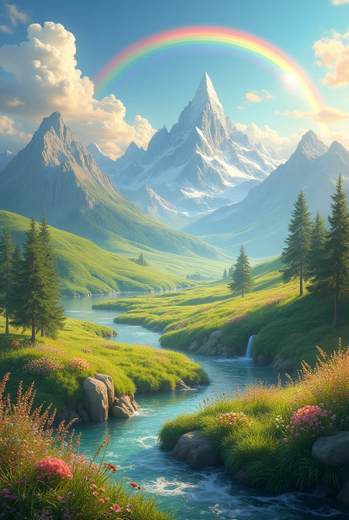Create a landscape of a fantasy world that is too pretty with a rainbow in the background