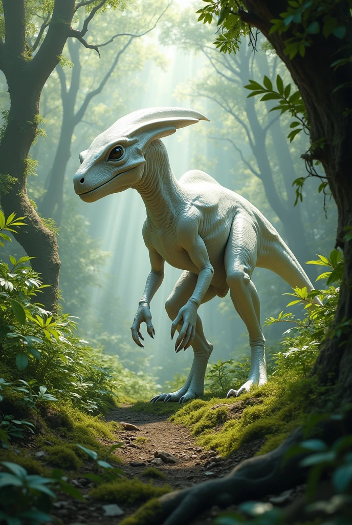Create a white velociraptor-like alien in a forest