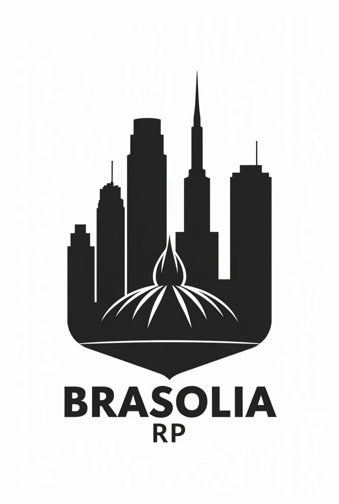 Create a coat of arms with a Brasilia theme in black and white, white background, black details, add buildings and write Brasilia RP