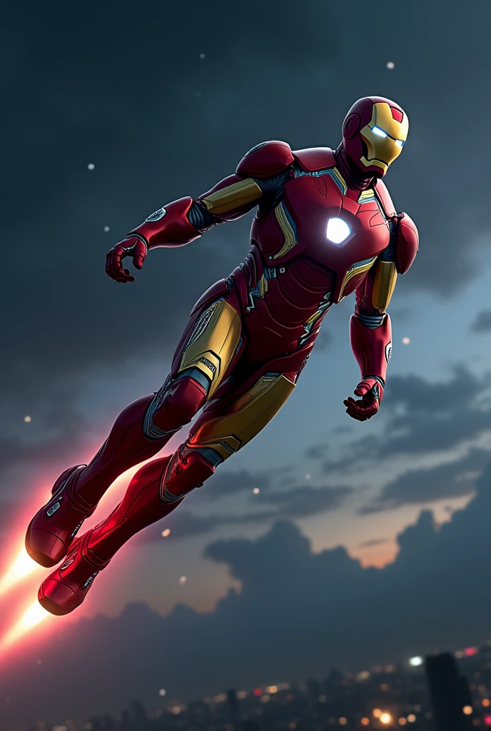 iron man mark 50 flying on night sky