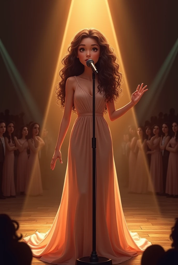 brunette teenage girl.60 height curly hair , singing with elegant, realistic and modern dress on a stage with the inverted triangle body with an audience