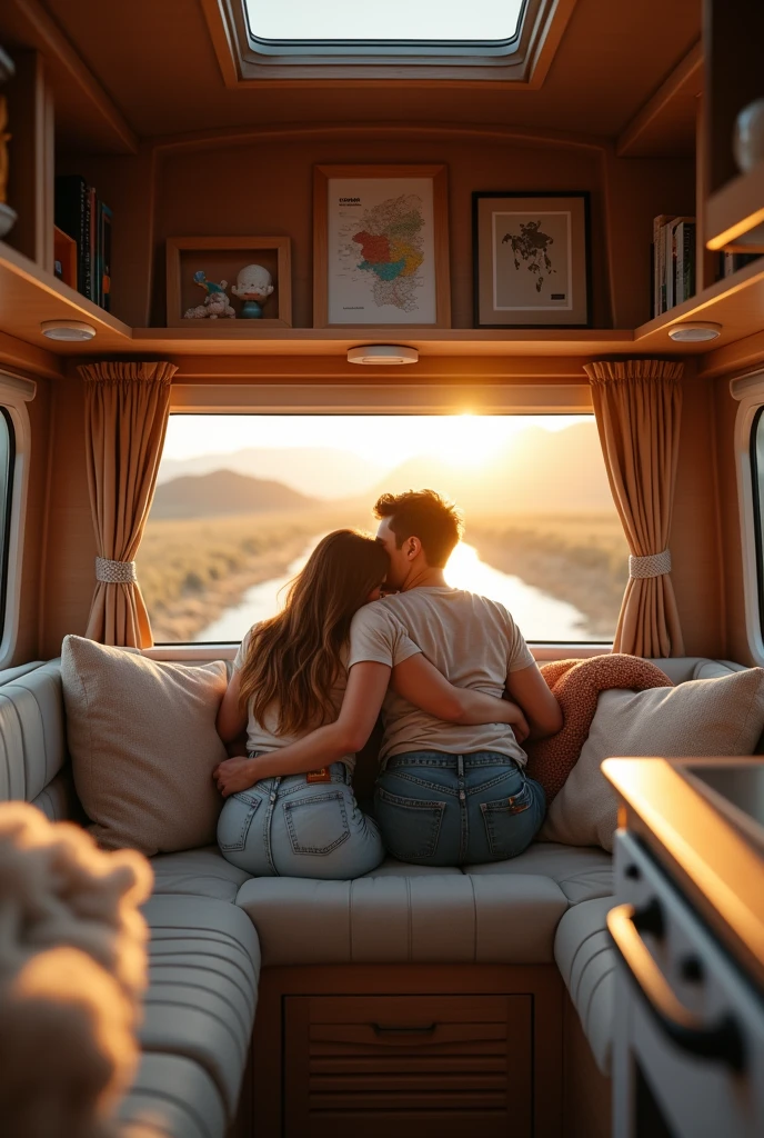 Young couple traveling in a motorhome. Image inside the house.