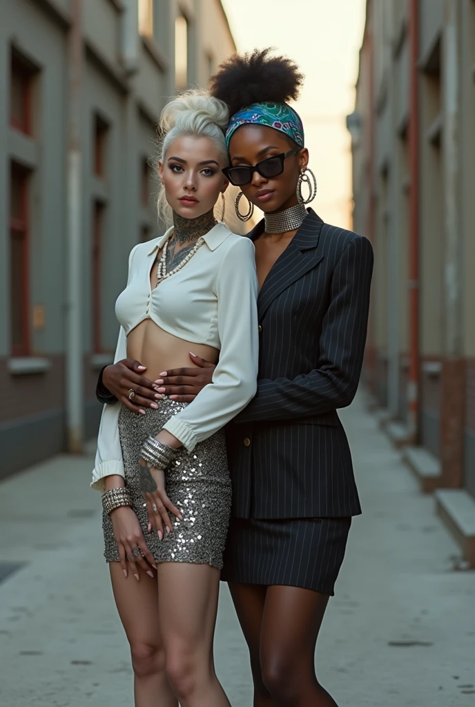 Two russian old milf women: the dominant aggressive dark skinned  black woman in business pinstripe cropped blazer, pinstripe pencil skirt and white silk blouse, long nails and afro hair, standing up with separated legs and possessive stance showing off her new white girlfriend to the camera with her hands on her girlfriend's waist and grabbing her arm.  Next to her, her white rich drunk girlfriend looks at the camera  (white woman is very pale: pale face, pale neck, pale chest, pale arms, pale hands, pale stomach, pale leg), white woman stretches her neck and looks at the camera. White woman leans on her girlfriend . White woman stands up with separated legs. White woman wears low rise back sequins mini skirt and black silk stockings, platinum blonde hair (pouf, top bun, saved sides, wide colourful bandana as headband) and the white woman wears oversized square maxi sunglasses. Big lips with no makeup. White woman Black sequins push up bra. Barefoot.. white woman wears a Lot of thick metallic bracelets in the wrists  and big pearl necklaces around the neck. White woman wears Wide loose studded belt with big solid buckle. Loose chains around the hips of the white woman. White woman is leaning back on her girlfriend.. The white woman is densely tattooed on neck, tattoed chest, tattoed stomach, tattoed legs, wrists and feet. White woman has well Toned abdominals, thin neck, slim legs and thin arms. White woman has Narrow hips and noticeable tigh gap. The body of the white woman is twisted in a lazy pose . In an abandoned factory yard full of wrecks