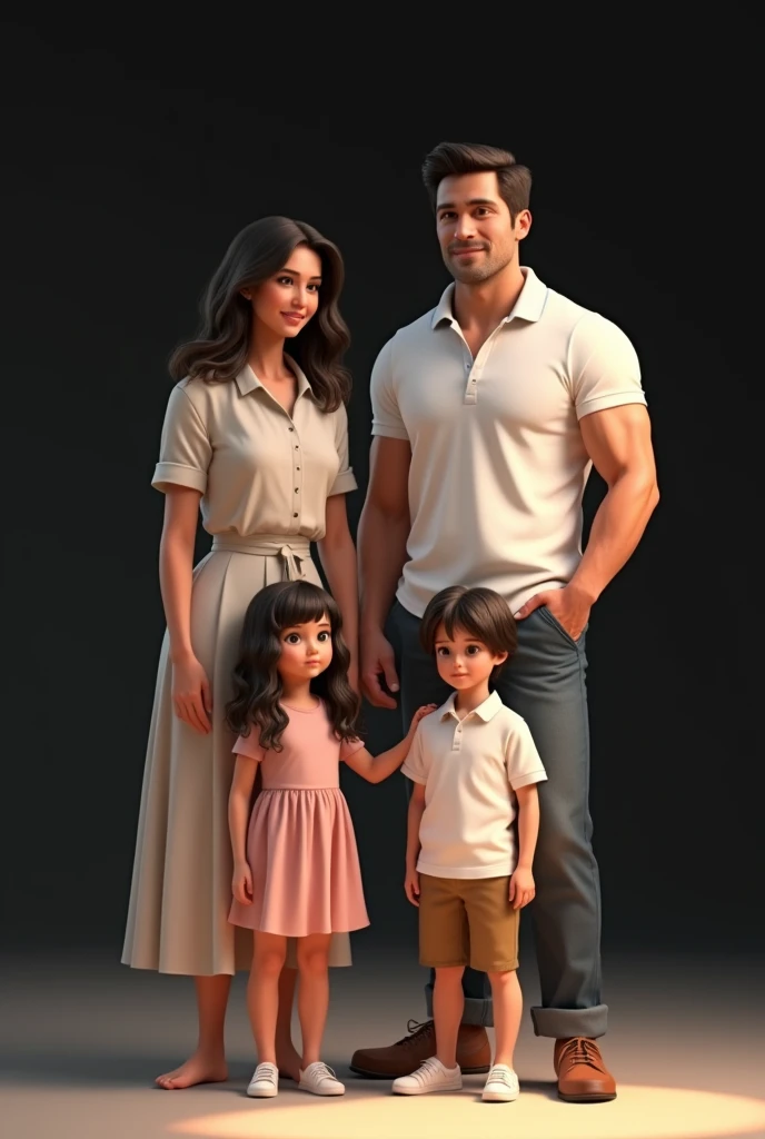 Create a man who has the following characteristics: 175cm tall, 85kg weight, short black hair, White polo shirt, At his side a woman 160cm tall, 55kg weight, by the wide, smooth and black. These people are Chilean. They also have 2 children., una niña de 6 años con by the wide, wavy and a boy.