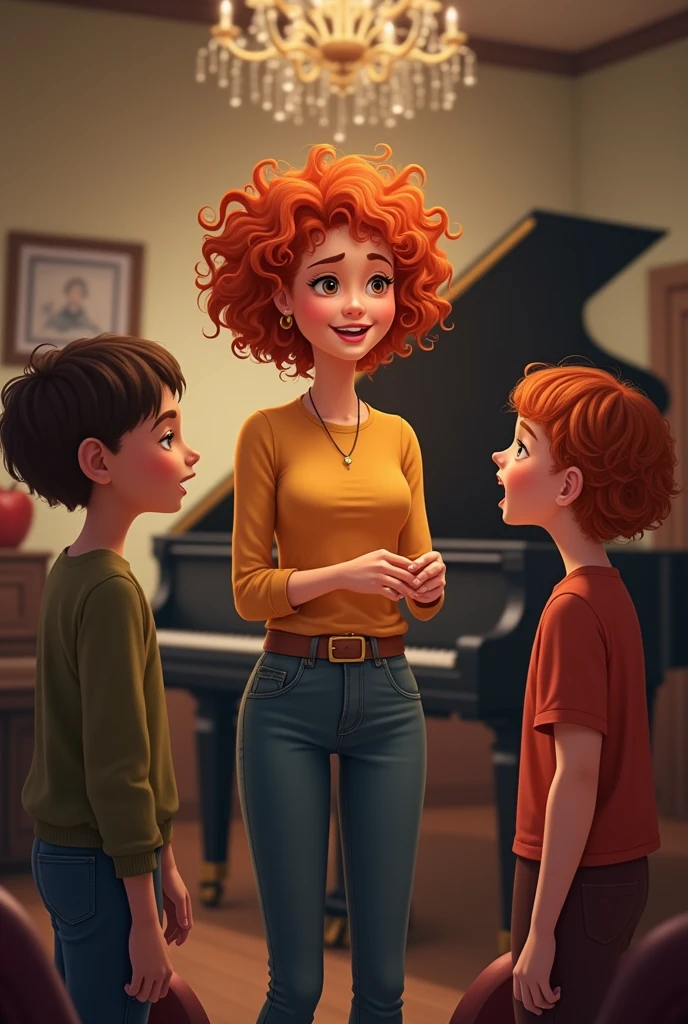 Singing lessons with a 2 teacher, She is a redhead with short hair, Her hair is curly , She is with her students, a and a and another girl, There is a piano and everyone is vocalizing and singing., the teacher too