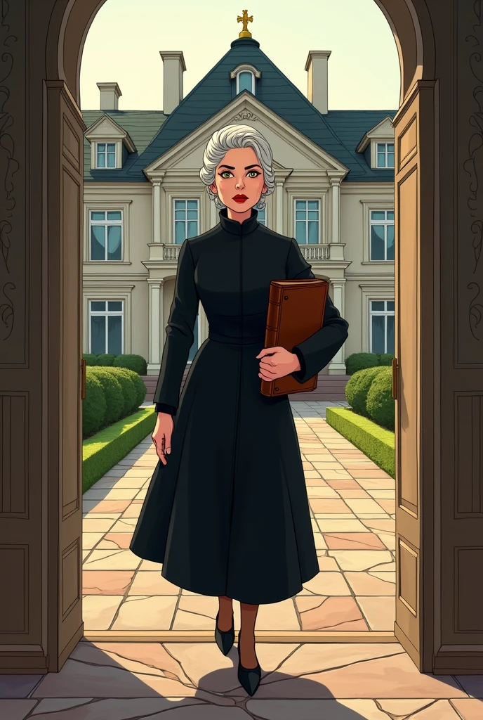 Generates a German strict governess arriving at a house in cartoons