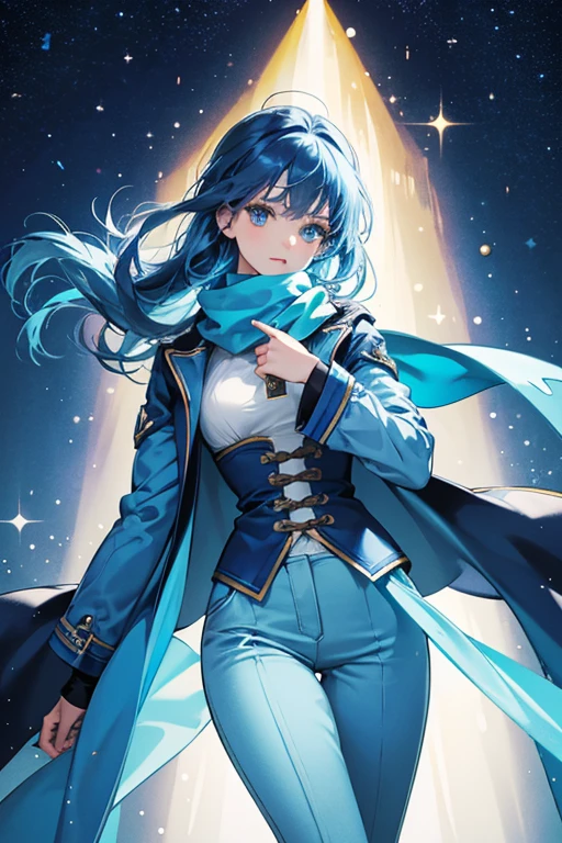 she wears a blue jacket with light blue sleeves. sHe is wearing a light blue cape. sHe is wearing dark blue pants and blue shoes. sHe has blue hair. But what most characterizes her is her light blue scarf with dark blue. SPARKLE; GLITTER