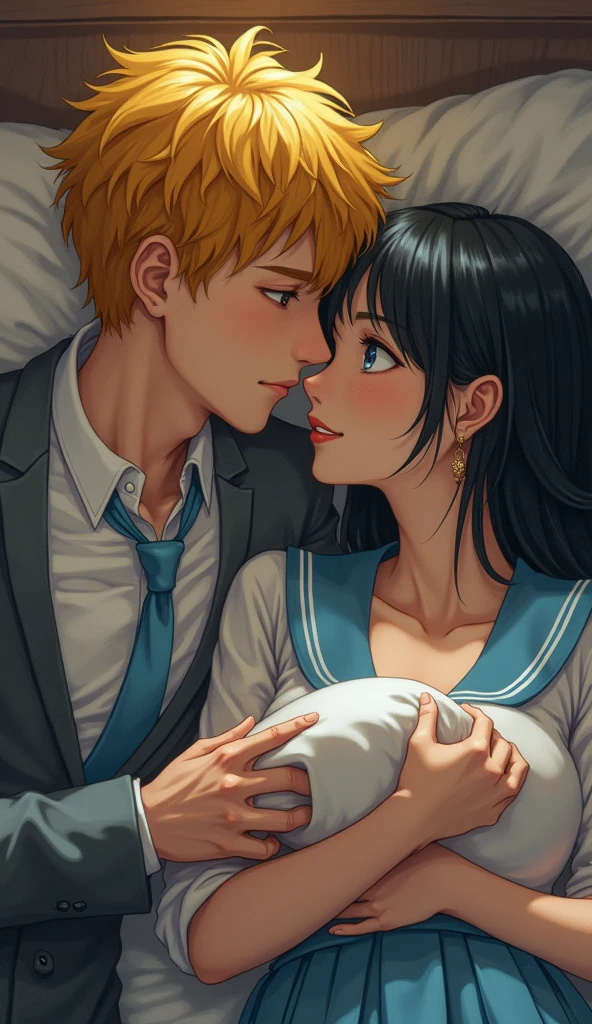 (32K:1.9, Realistic:1.9, Highest quality, masterpiece, Ultra-high resolution), Perfect dynamic composition:1.3, Highly detailed skin and facial textures:1.3, (Cute sexy slim Japanese schoolgirl, height: 155cm), (Slimman, Length 180cm), ((They are both lying in bed。, A man gives a pillow to a woman。:1.3, to kiss:1.4)), Fair skin, ((Clarity:1.1)), (This guy's uniform is amazing:1.3, Bright yellow hair, beautiful目:1.3), (The woman is wearing a uniform with a light blue tie...:1.3, Straight black hair.:1.3, smile:0.9, A man completely charms a woman:0.9, beautiful Blue Eyes, beautiful, Clear Eyes:0.8), Sexy Face:0.4, blush:1.1, (beautifulエロティシズムを醸し出す雰囲気:0.8, Professional random camera work, Cinematic Lighting Effects, romantic, mysterious), (Too erotic), Object of admiration, original, dramatic, artistic, Innovative, charm, Heartful, Fancy, Tilt, sense of loss, special, exciting, Extreme, sense of openness, joy, joyの表現, ((若さのcharm, 女性的なcharm))