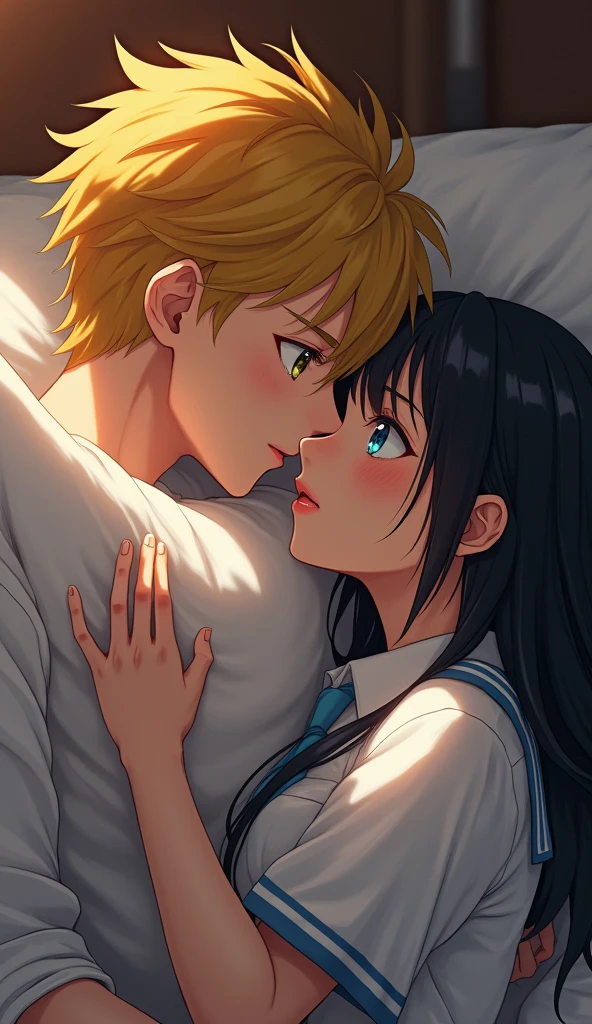 (32K:1.9, Realistic:1.9, Highest quality, masterpiece, Ultra-high resolution), Perfect dynamic composition:1.3, Highly detailed skin and facial textures:1.3, (Cute sexy slim Japanese schoolgirl, height: 155cm), (Slimman, Length 180cm), ((They are both lying in bed。, A man gives a pillow to a woman。:1.3, to kiss:1.4)), Fair skin, ((Clarity:1.1)), (This guy's uniform is amazing:1.3, Bright yellow hair, beautiful目:1.3), (The woman is wearing a uniform with a light blue tie...:1.3, Straight black hair.:1.3, smile:0.9, A man completely charms a woman:0.9, beautiful Blue Eyes, beautiful, Clear Eyes:0.8), Sexy Face:0.4, blush:1.1, (beautifulエロティシズムを醸し出す雰囲気:0.8, Professional random camera work, Cinematic Lighting Effects, romantic, mysterious), (Too erotic), Object of admiration, original, dramatic, artistic, Innovative, charm, Heartful, Fancy, Tilt, sense of loss, special, exciting, Extreme, sense of openness, joy, joyの表現, ((若さのcharm, 女性的なcharm))
