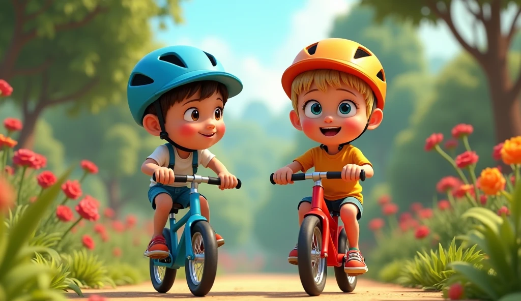 Once upon a time there were two brothers named Cássio and Diogo. Cássio, , smaller, short and straight hair, dark brown hair, transparent bangs, big cheeks and round face. Diogo, , short blonde hair, thin face and blue eyes. Show the garden with Cássio and Diogo's bikes lined up for the race. Cássio with his blue bike and Diogo with his red bike, both wearing helmets and getting ready to pedal. Pixar, Disney