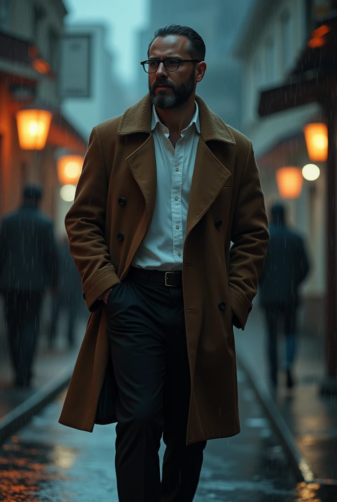 Maximum quality, Great optimization, (a guy), brown overcoat, white undershirt, black pants, a glasses, hands in pants pocket, smiling evilly but with a kind face, walking in street, Anoite, It&#39;s raining rain