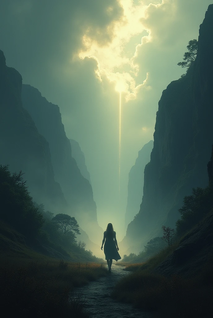 Une scène avec Eléonore avançant seule dans une vallée ombragée, le ciel couvert de nuages menaçants, mais avec une lumière douce illuminant son chemin.