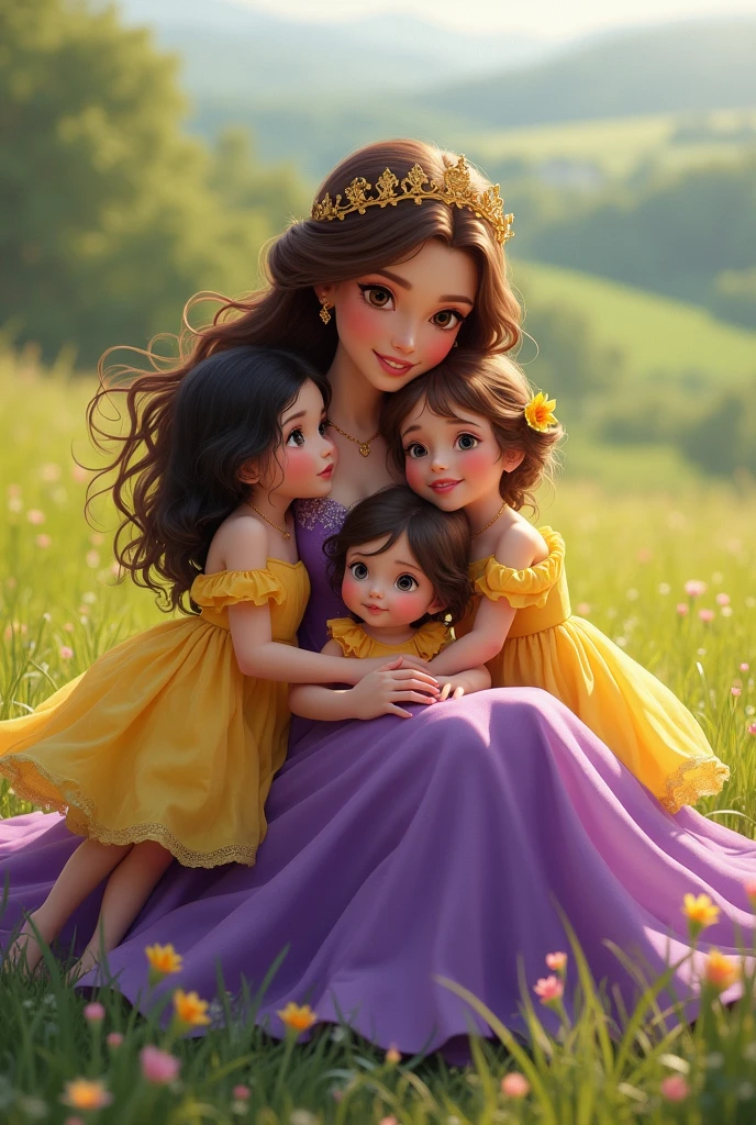 I need an image where you can see a princess in a long purple dress with brown hair with two babies, one with black hair and the other with brown hair and both wearing yellow dresses in the field.