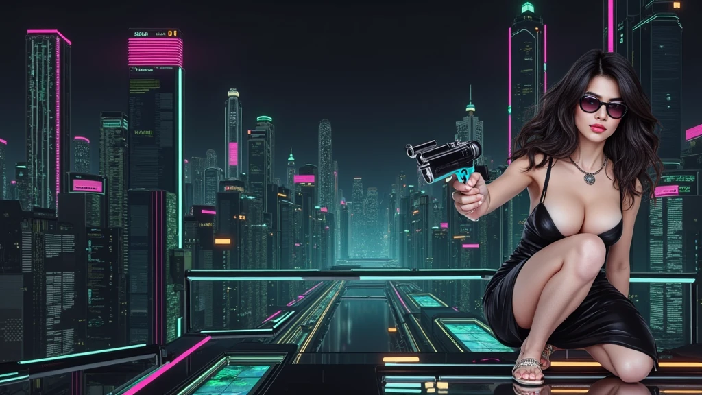 Matrix inspired futuristic cityscapes with colorful all-glass outlined towering skyscrapers with lightning, flying vehicle. High-resolution OLED GUI interfaces in the building, The windows are filled with transparent data visualization infographics that show it all, very close-up green glowing cascading code. Colors are saturated and vibrant. At night, (1 female assassin crouching on a skateboard, solo, alone), photorealistic, large-breast slim:0.6 body, oval:0.5 face, black mini bra, cleavage:1.1, deep-v, very low angle view of black pleated miniskirt, white panty, (upskirt), glove, (Matrix style black micro sunglasses), (aiming viewer with a short gun), dynamic skateboard jumping pose, (full-body thigh level close-up:2.0 shot), cinematic lighting, ray tracing, motion blur background.