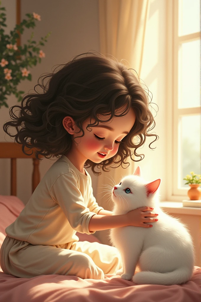 Curly haired girl with a white cat