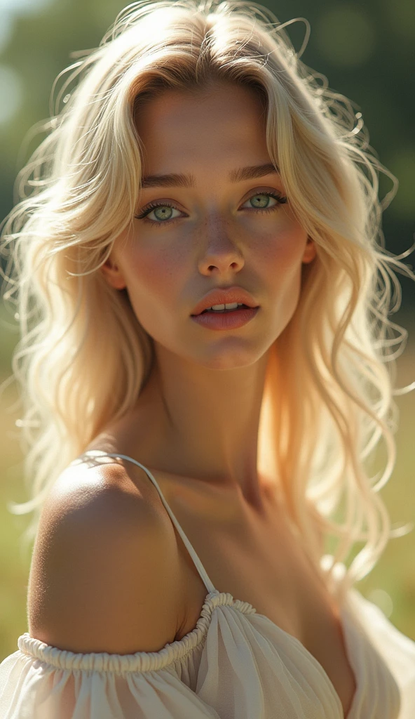 best qualityer, work of art, high resolution, 1 girl, short white chiffon dress, ssmile, cloused mouth,lips, long blonde hair, beautiful detailed eyes,detailed eyelashes, beautiful  face,about_cos, Tyndall effect,photorrealistic, rim lighting, two tone lighting,(highly detailed skin:1.2), 8k uhd, dslr, soft lighting, high qualiy, volumetric lighting, candid, fot, high resolution, 4K, 8k, bokeh, At the center, Afternoon