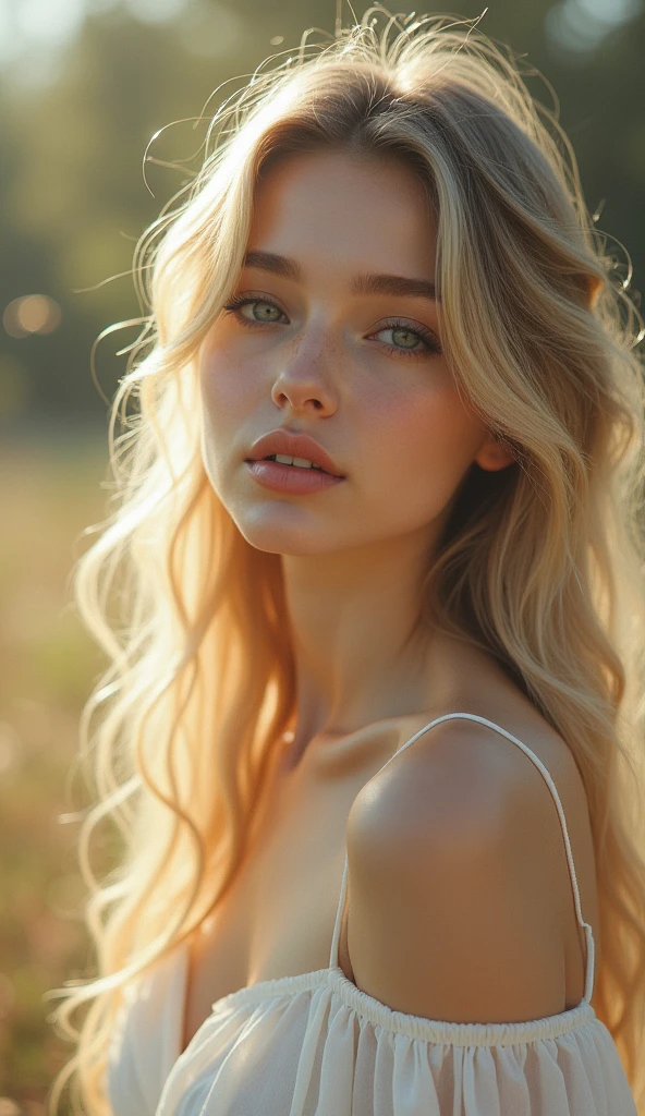 best qualityer, work of art, high resolution, 1 girl, short white chiffon dress, ssmile, cloused mouth,lips, long blonde hair, beautiful detailed eyes,detailed eyelashes, beautiful face,about_cos, Tyndall effect,photorrealistic, rim lighting, two tone lighting,(highly detailed skin:1.2), 8k uhd, dslr, soft lighting, high qualiy, volumetric lighting, candid, fot, high resolution, 4K, 8k, bokeh, At the center, Afternoon