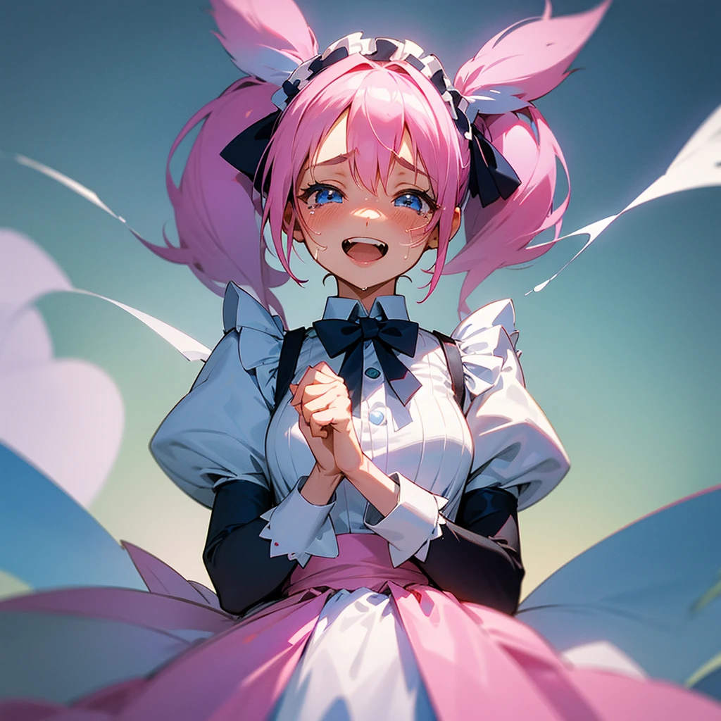 Pink hair in high twin tails with blue ribbons(Light blue in places)、A girl dressed as a maid(Minato Akua)Illustration of a girl laughing while crying