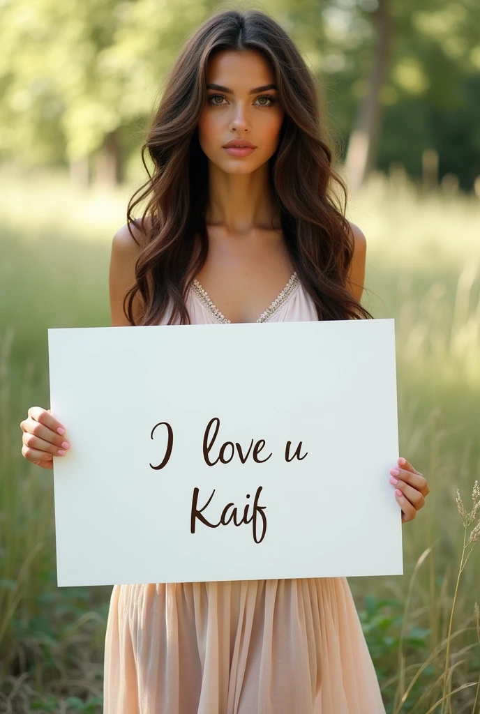 Beautiful girl with wavy long hair, bohemian dress, holding a whitebig board with text "I Love u kaif" and showing it to the viewer