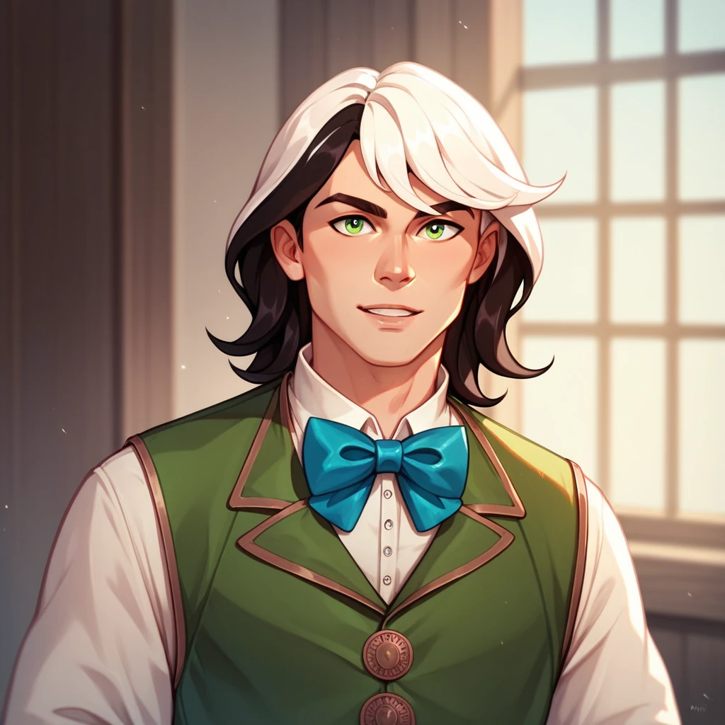 Human Male , Black hair Style ,(( whiter highlights )), solo , Green pupils , Brown vest,bow Tie ,medieval Clothing