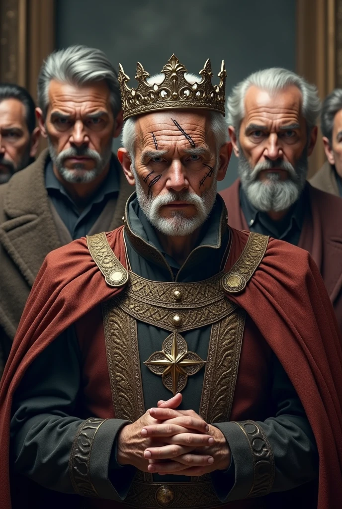 4 man, rey, wearing noble clothes with a crown , scars on the face , light gray hair , beautiful appearance,  rectangular face and expression of a tyrant.