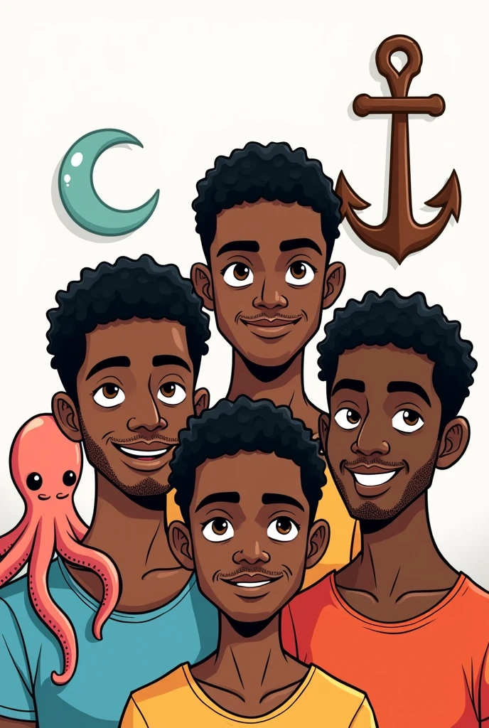 4 man , dark complexion short black curly hair, and brown eyes, In the background there is an octopus next to him and on the wall there is an anchor hanging , cartoon style, highly detailed facial features, Coloring Book Art, no background, ready to be colored, youtube avatar format type