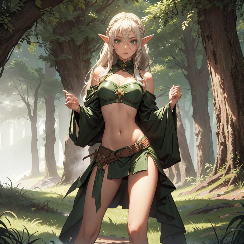 FULL BODY, perfect face, pretty face, elf, 1girl, misty mountain, white hair, viking top braid, green eyes, leather, (skimpy low skirt), bare arms, (bare stomach),  (bare pelvis) , bare arms, short brown cloak, dark, gritty