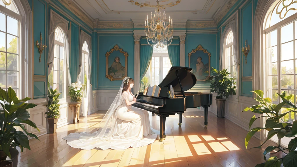 "A high-resolution, highly detailed, masterpiece illustration of a woman sitting in a European-style room where beautiful classical music is playing. Through the large window, a garden in full bloom is visible, with gentle afternoon sunlight streaming in. The woman, dressed in an elegant gown, is seated at an antique piano, playing softly. A beautiful vase sits atop the piano, and the room exudes a sense of tranquility and grace."