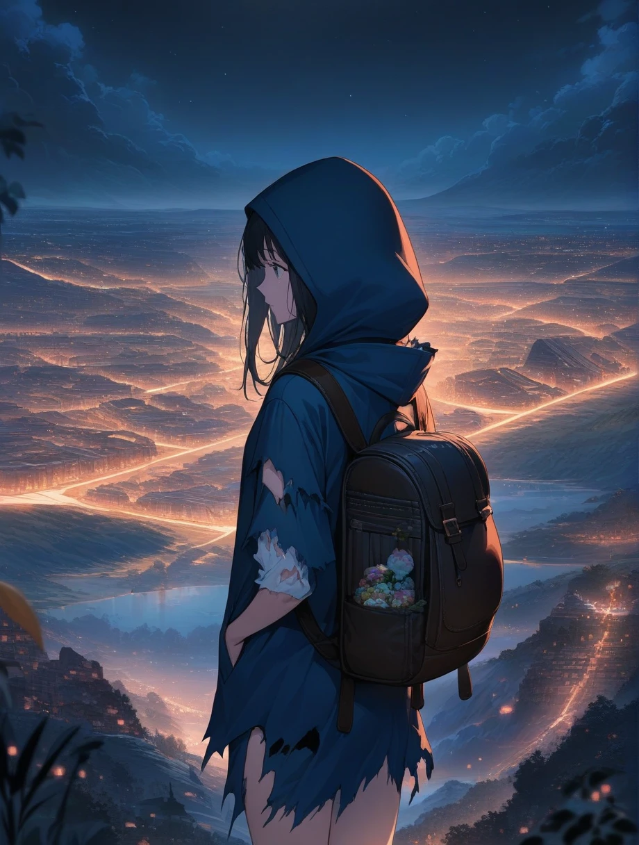 score_9, score_8_up, score_7_up, score_anime, masterpiece, top quality, delicate illustration, sharp lines, sharp focus, BREAK, a traveling girl wandering in the endless night world, the girl wears a hood and has a lot of stuff in her backpack, night , fantastic landscape, beautiful scenery, harmony with nature, spectacular view, machine city, (((torn clothes)))