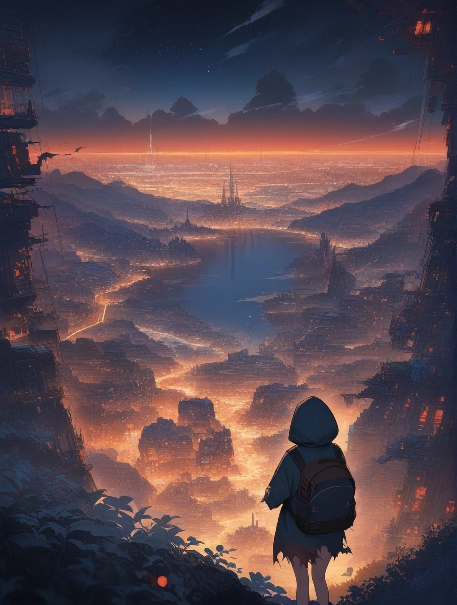 score_9, score_8_up, score_7_up, score_anime, masterpiece, top quality, delicate illustration, sharp lines, sharp focus, BREAK, a traveling girl wandering in the endless night world, the girl wears a hood and has a lot of stuff in her backpack, night , fantastic landscape, beautiful scenery, harmony with nature, spectacular view, machine city, (((torn clothes)))