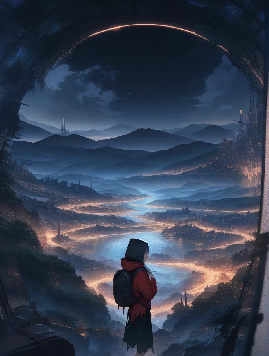 score_9, score_8_up, score_7_up, score_anime, masterpiece, top quality, delicate illustration, sharp lines, sharp focus, BREAK, a traveling girl wandering in the endless night world, the girl wears a hood and has a lot of stuff in her backpack, night , fantastic landscape, beautiful scenery, harmony with nature, spectacular view, machine city, (((torn clothes)))