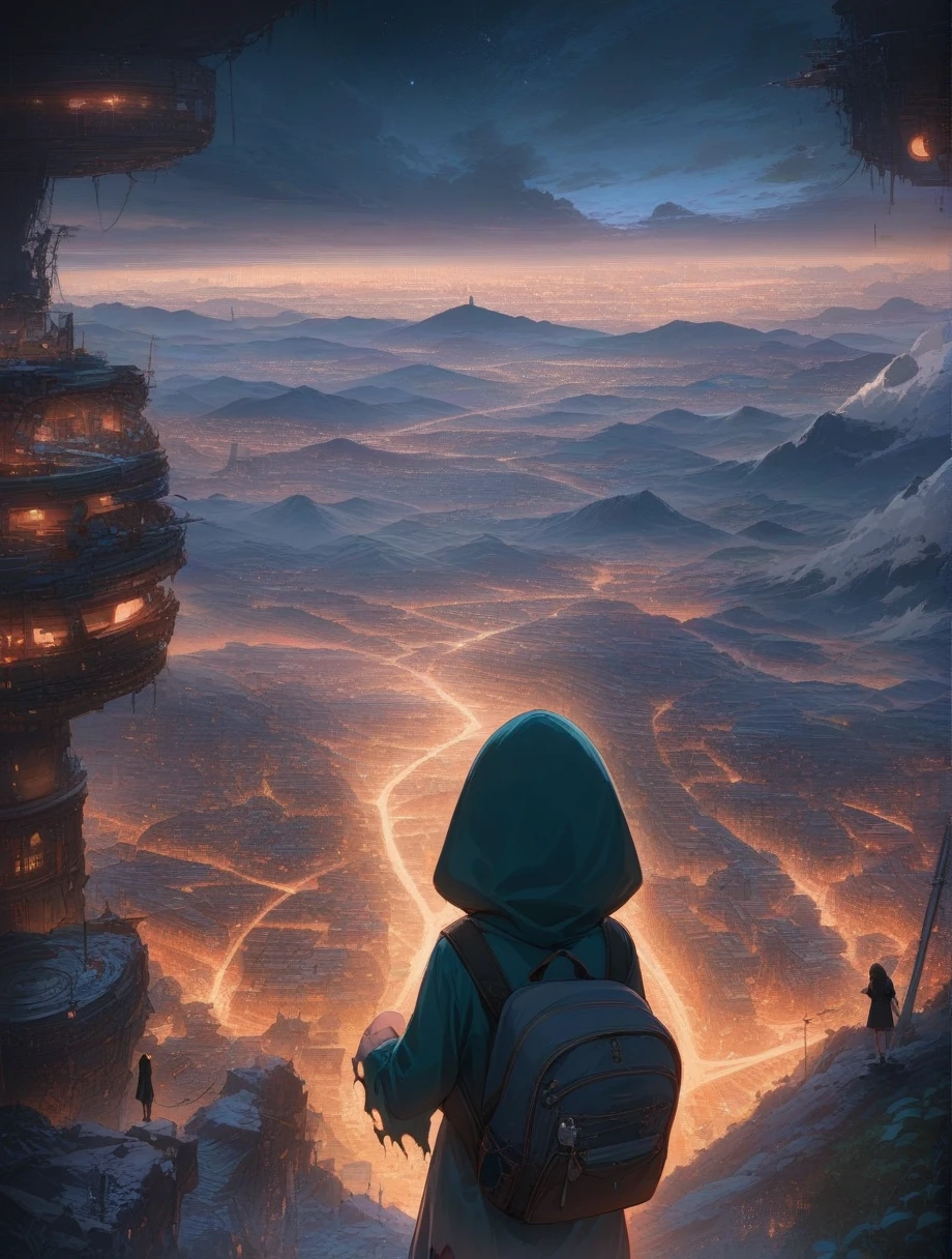 score_9, score_8_up, score_7_up, score_anime, masterpiece, top quality, delicate illustration, sharp lines, sharp focus, BREAK, a traveling girl wandering in the endless night world, the girl wears a hood and has a lot of stuff in her backpack, night , fantastic landscape, beautiful scenery, harmony with nature, spectacular view, machine city, (((torn clothes)))