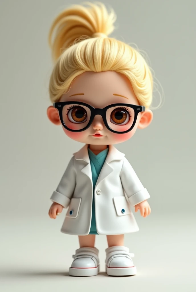 A little doll with golden blonde hair in a tied-up style, in a high ponytail. wearing a doctor's coat, wear glasses, Wear white sneakers, has brown eyes.
