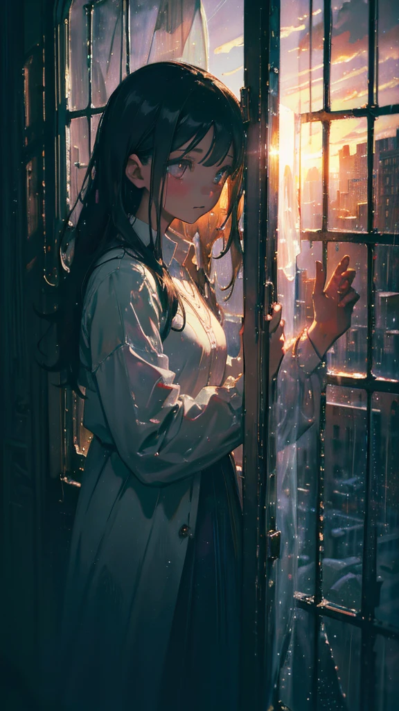 Rainy window cloudy sky one girl, High resolution, masterpiece, Ultra high definition, Very detailed, Textured skin, Cinematic light effects, Chiaroscuro, Surrealism,