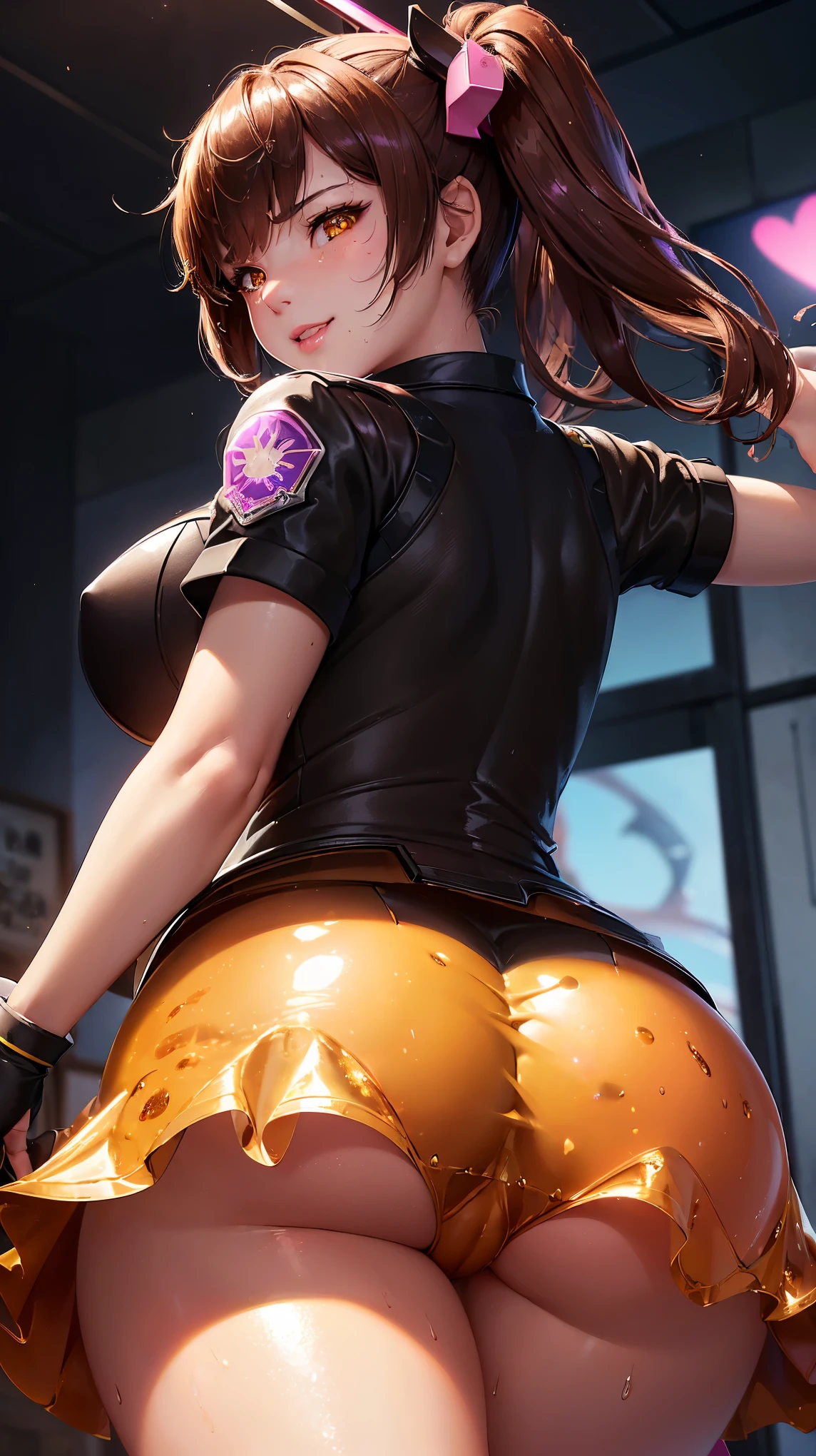 (masterpiece), (best quality), (intricate details), high resolution, visually stunning, sidelighting, (((amber eye colour which glow)), deep shadow, School Background, (Dva from overwatch), (wearing a Japanese schoolgirl outfit but the top is wet and seethrough), brown hair, heart-shaped pupils, , seductive smile, cinematic lighting, sparkle, ray tracing, backlighting, ((super shiny face)), thick thighs with skinny body, (winking at pov), from behind, ((big ass))