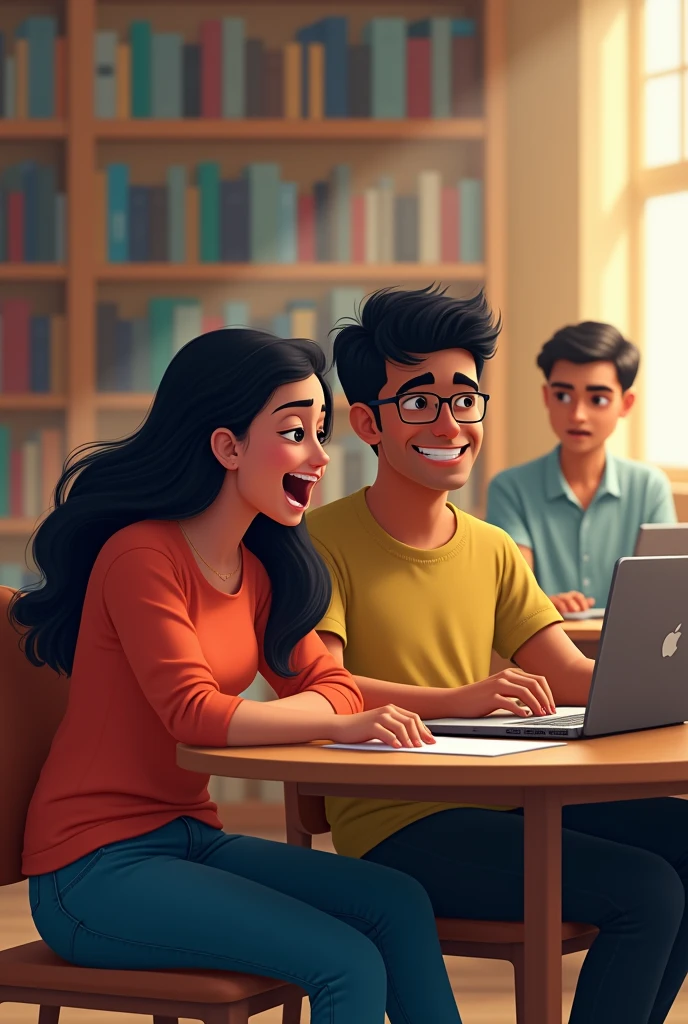 Aditya and Priya’s Growing Friendship:
"Priya and Aditya sitting together in the college library, laughing over something on a laptop. The atmosphere is light and friendly. Meanwhile, Aniket watches them from a distance, his face showing signs of jealousy and discomfort."
