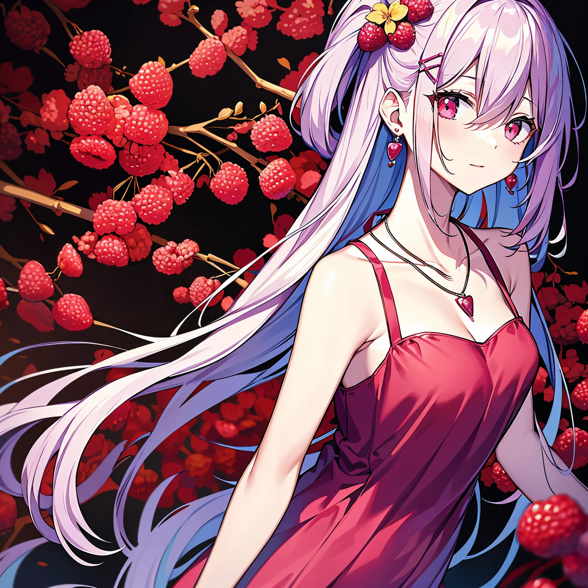 Raspberry girl, long hair, student, necklace, earrings, hair ornament